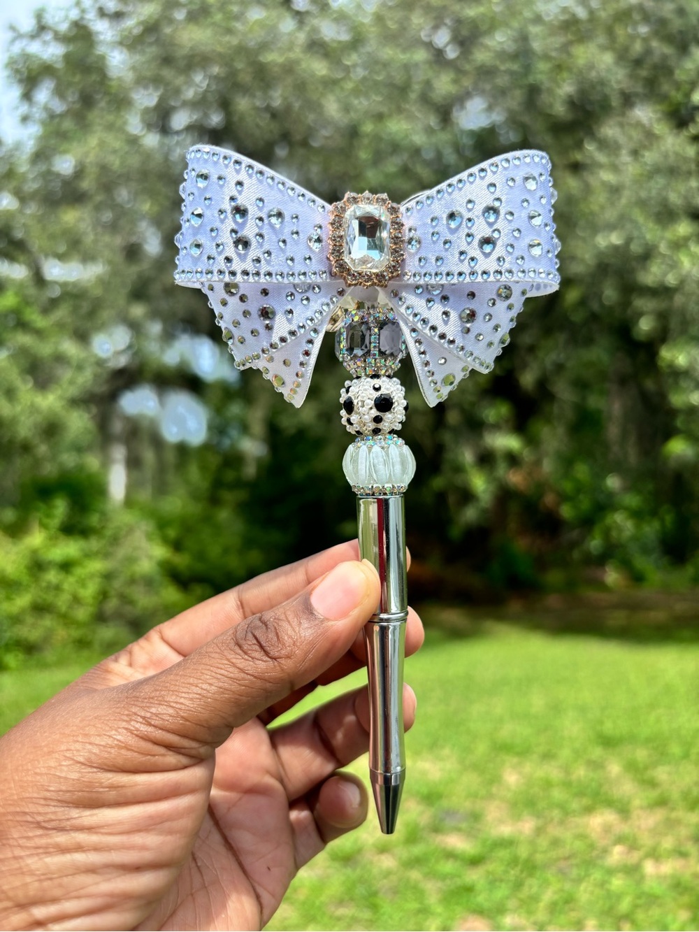Handcrafted Rhinestone Bow Crystal Top Silver Pen